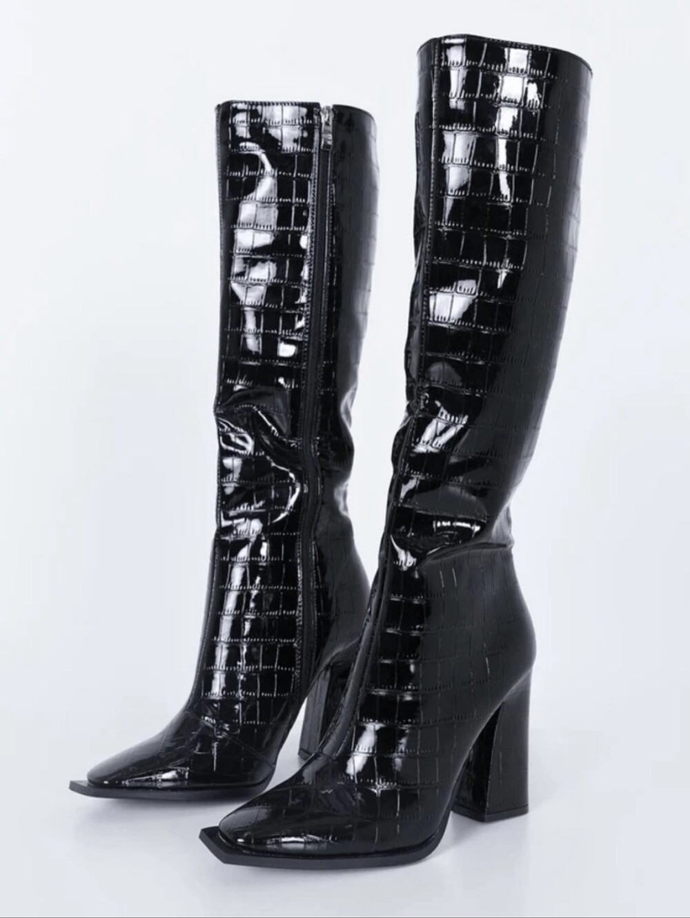 Princess Polly Mercury Knee High Boots 7 Black Croc Patent Y2K Block Heel CC